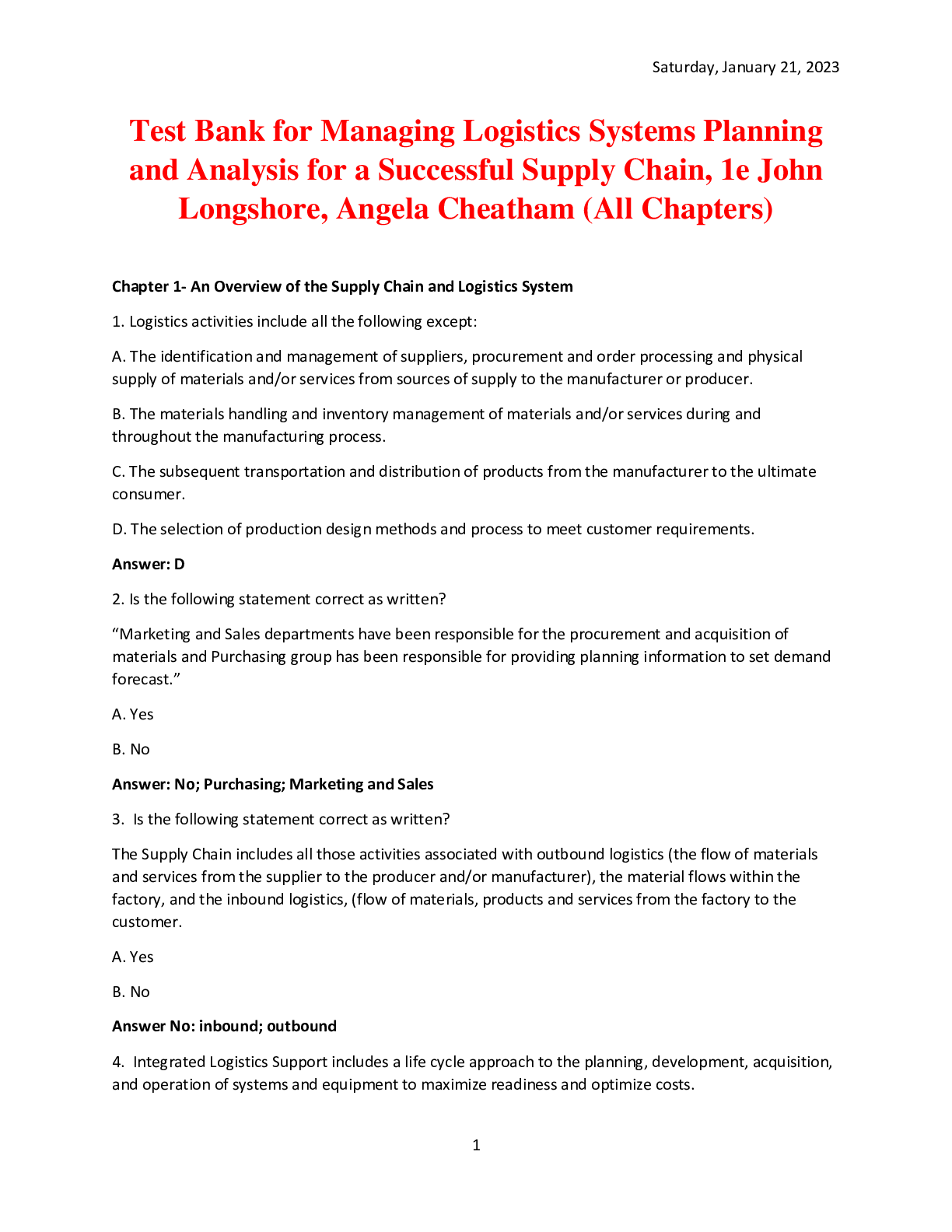 Recommended document preview for Managing Logistics Systems Planning and Analysis for a Successful Supply Chain, 1e John Longshore, Angela Cheatham (Test Bank)